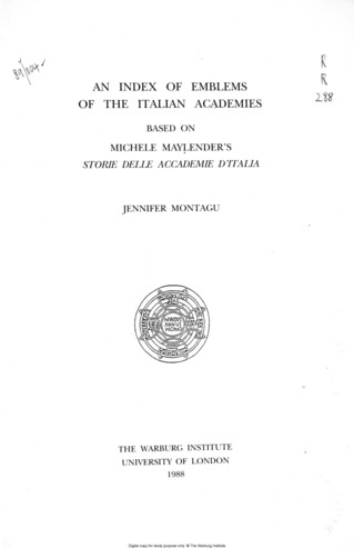 An index of emblems of the Italian academies based on Michele Maylender's "Storie delle accademie d'Italia" / Jennifer Montagu <span class="translation_missing" title="translation missing: it.hyrax.homepage.admin_sets.thumbnail">Thumbnail</span>